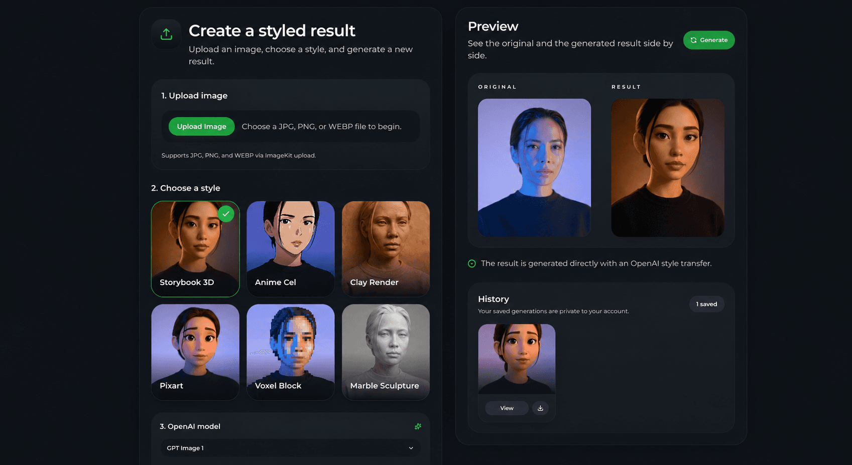 AI Image Studio workspace showing upload, curated styles, and a before-and-after preview